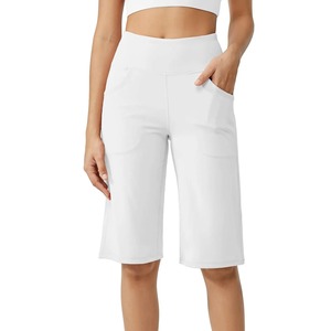 Women Elastic High Waist Casual Active Fit Knitted Breathable Quick Dry Wide Capris Yoga <b>Leggings</b> Soft Gym Knee Length Pockets - Product Image 4