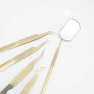 Juego de pinzas para pestañas chapadas en oro de alta calidad con espejo para pestañas, herramientas de acero inoxidable para extensiones de pestañas, Uso Profesional - Product Image 2