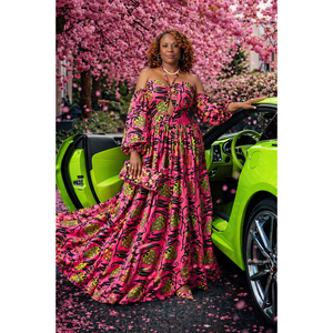 Vestido largo rosa Ankara verde lima con hombros descubiertos y cintura imperio - Product Image 3