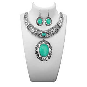 Urthn Green 1110064D Collar llamativo Piedra turquesa Conjunto de joyería de moda chapada en rodio - Product Image 1