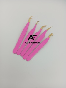 Pinces à cils rose vif avec pointe dorée, lot de 5 pièces avec boîtes cartonnées, en acier inoxydable japonais, poignée diamantée - Product Image 2