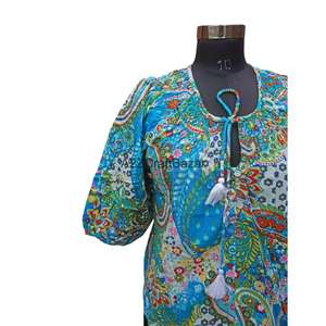 100% Pure Cotton Summer Daily Casual <b>Dress</b> V-Neck Mini Short Sleeve Handmade Button Dry Cleaning Floral Print <b>Fitted</b> Natural - Product Image 2