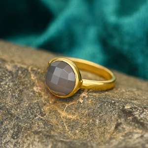 High Quality Solid 925 Sterling Silver Natural Grey Chalcedony 12mm Bezel Setting 18K Gold Filled Fine <b>Ring</b> for Women Suppliers - Product Image 3