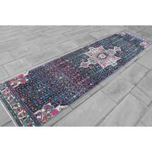 Tapis turc, tapis de couloir 2,6x10,9 pieds, tapis vintage, tapis en laine bleu et rose à bordures - Product Image 3