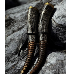 Uniquely Polished Metal <b>Stand</b> Handicraft Engraved Animal Nautical Pattern Finished <b>Drinking</b> Horn Decoration from India - Product Image 3