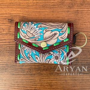 Mini llavero de cuero mecanizado a mano para mujer occidental, monedero minimalista de cuero genuino, Floral bolsa pequeña, las carteras más prácticas - Product Image 1