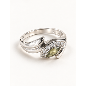 Platinum Rhodium Plated Amethyst Gemstone <b>Ring</b> Geometric <b>Peridot</b> Marquise Eye Design Bezel Set Pear Cut Stone - Product Image 1