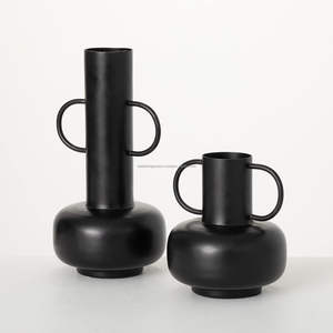Lot de 2 vases à fleurs en métal noir modernes avec poignées pour table et sol, décoration de maison et de jardin - Product Image 1