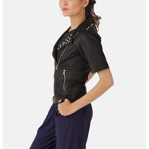 Mode personnalisée nouvelle couleur unie en cuir véritable revers veste à glissière femmes rue motard veste vêtements en gros - Product Image 4