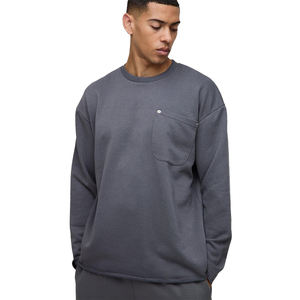 Dark Grey Men's Hoodies Crewneck <b>Sweatshirt</b> Pocket Detail Cotton Fleece Pullover Long Sleeve Loose Fit Casual Plain Blank - Product Image 1