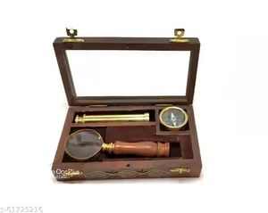 Télescope en bois et laiton indien, boussole, loupe, fournitures nautiques anciennes faites à la main, coffret cadeau, boîte en bois, décoration murale pour la maison - Product Image 2
