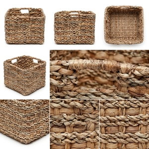 Natural Water Hyacinth Seagrass Storage Basket Cube <b>Square</b> <b>Bin</b> Inset Cutout Handle Pure Art Setup Room Decor Art Handcraft Setup - Product Image 2