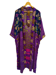 Robe longue tenue de nuit, Kimono Sari en soie recyclée vintage indien fait à la main Robe multicolore Robe de bain - Product Image 5