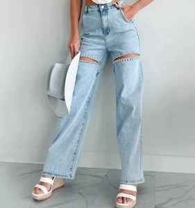 Best Selling Black Denim <b>Wide</b>-<b>Leg</b> Pants Fashion-Forward Chic Appeal with Mid-Waist Knitted Weaving Method Wholesale - Product Image 4