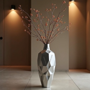 Florero alto facetado dorado con diseño geométrico moderno, acento decorativo de Metal de hierro elegante para bodas, hogar, oficina, espacios para eventos - Product Image 4