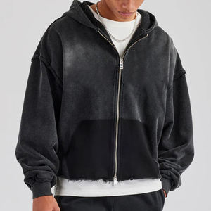 Sweat à capuche oversize délavé de 500 grammes avec fermeture éclair, manches raglan, détails à bords bruts, lavage foncé, style streetwear noir - Product Image 1