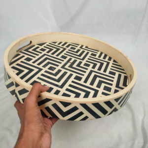Bandeja de Servicio Decorativa de Moda, Ecológica, con Incrustaciones de Hueso, Asas Doradas, Forma Personalizada, OEM, ODM, Artesanía de Madera Duradera en Venta - Product Image 1