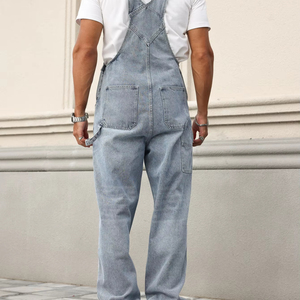 กางเกงยีนส์เดนิมผู้ชายทรงหลวมแบบมีสายเอี๊ยม ดีไซน์ทรงกระบอกแนวตั้ง สไตล์ลำลอง สีน้ำเงิน คุณภาพสูง พร้อมปักโลโก้ตามสั่ง - Product Image 3