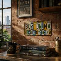Letrero Metálico Vintage con Mapa de Boston y Coordenadas, Placa de Metal Rústica, Decoración de Pared para Cafetería o Garaje, Estilo Antiguo