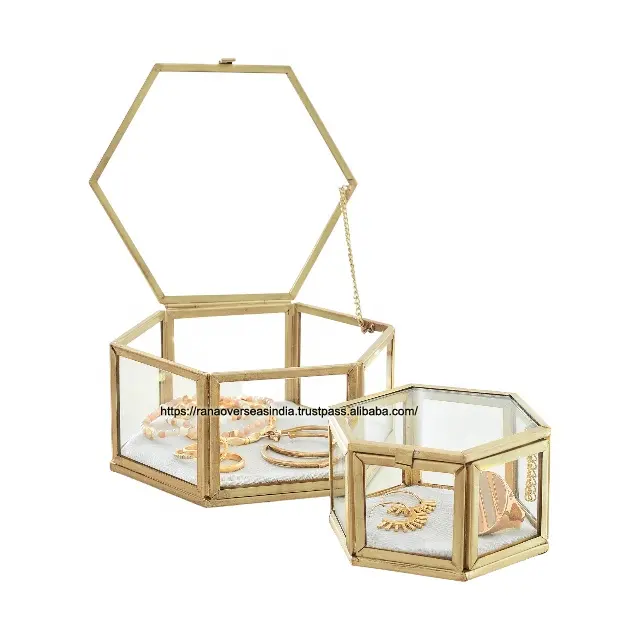 Hexagon Brass and Glass Jewelry Box Display Organizador Limpar Box Anéis Pulseira Organizador Dourado para o Casamento do Aniversário