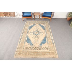 Tapis turc vintage, tapis de 5,2 x 8,9 pieds, tapis géométrique beige et bleu - Product Image 1