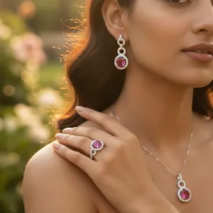 Conjunto de Joyería Fina para Mujer, Anillo, Aretes y Colgante de Plata con Rubí y Perla, para Fiestas, Bodas, Regalos, Rajasthan - Product Image 1