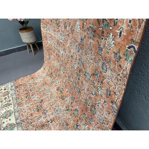 Vintage Rug 3.9x8 ft, <b>Brown</b> Green Striped <b>Wool</b> Turkish Rug - Product Image 4