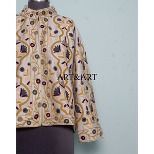 Veste matelassée en velours pour femmes, brodée à la main, motif floral, tissu tissé 100% coton, écologique, séchage rapide - Product Image 3