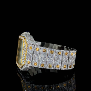 Montre de luxe pour homme, carrée, style antique, avec diamants Moissanite, entièrement sertie, plaqué or blanc et jaune, style Hip-Hop, bracelet en acier inoxydable - Product Image 4