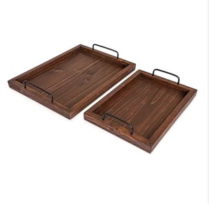 Juego de 2 bandejas redondas de cerámica de madera de pino hechas a mano con asas de metal para decoración del hogar/Hotel y uso en restaurantes - Product Image 3