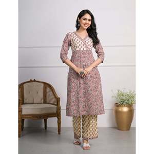 For Cream Purple Hand-Drawn <b>Block</b> <b>Printed</b> Cotton Pant Set of 2-Salwar Kameez - Product Image 1