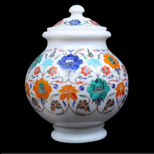 Jarrón Matka de Mármol Hecho a Mano con Incrustaciones de Piedras Semipreciosas, Diseño Floral, Decoración Antigua para el Hogar - Product Image 1