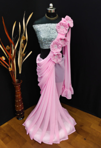 Nouveau sari fantaisie en georgette tendance et prêt à porter avec deux pièces de blouse, création LD Inde et Pakistan, embossé - Product Image 2