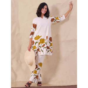 DEEBACO Women's Cotton White Floral Co-ord Set <b>Split</b> Neck Long Tunic With Ankle <b>Trouser</b> Summer Spring Casual Western Wear Outfit - Product Image 1