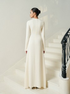 Robes de mode haut de gamme femmes à manches longues Mito drapé longue robe Deknit dos Satin Georgette vêtements pour femmes blanc - Product Image 3