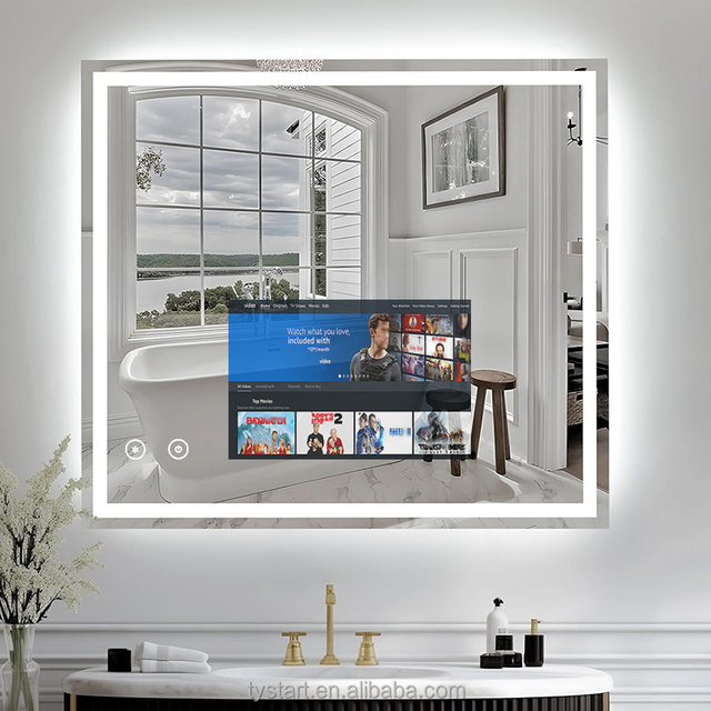 Modern Waterproof TV Mirror for Bathroom Wall Mounted Bluetooth Wifi Access Android 12 Touch Screen Rectangle Illuminated
