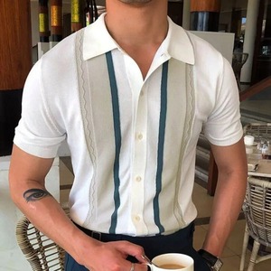 Camisas de punto informales de verano para hombre 2025, Polo de negocios de manga corta de punto a rayas de retales británicas para hombre - Product Image 2