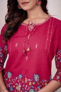 Conjunto de Kurta y Pantalón con Estampado Floral Rosa para Mujer, Ropa Tradicional Étnica de Algodón - Product Image 3