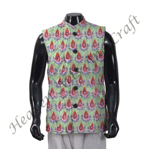 Veste pour homme en coton matelassé à imprimé de blocs Veste à fleurs élégante Veste d'hiver sans manches en coton Fait à la main Vintage Point fin - Product Image 3