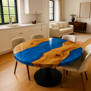 Table à manger/à café en bois d'acacia et résine moderne de luxe, fabriquée à la main, imperméable, cadeau de Diwali, résine époxy respectueuse de l'environnement - Product Image 4