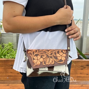 2025 Western Style Luxury <b>Mini</b> Crossbody Tooled Carving Leather Handbags Hair On Cowhide Leather Cute Women's Shoulder Bags - Product Image 1