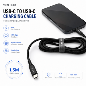 Cable USB C <span class=keywords><strong>de</strong></span> 1.5m, Negro, Nailon, PD60W, 3A, Carga Rápida, Trenzado, Cobre Estañado, para Teléfono Móvil, Banco <span class=keywords><strong>de</strong></span> Energía, Computadora, Datos USB 2.0 - Product Image 4