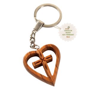 Croix en bois d'olivier faite à la main en forme de cœur, porte-clés léger, cadeau religieux chrétien, remise de diplôme, fête des pères, portable, 3,5x4 cm, Bethléem - Product Image 1