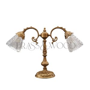 Antique brass double arm table <b>lamp</b> with ornate base and cut crystal glass <b>shades</b> for luxury classic interiors - Product Image 1