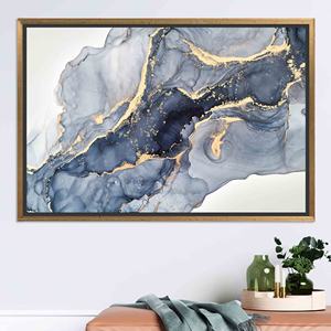 Impression sur toile d'art abstrait moderne bleu et or marbré, TOILE ENCARTÉCHÉE DANS UN CADRE DORÉ - Product Image 1