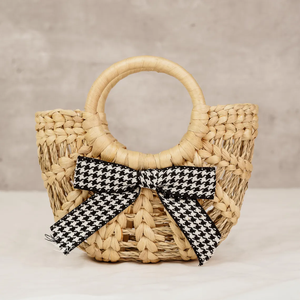 Handcrafted Mini Water Hyacinth Handbag with Houndstooth Bow / Stylish Woven Straw <b>Purse</b> with Round Handle - Product Image 1