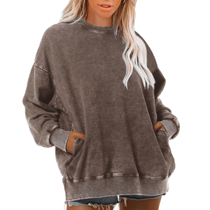 Custom Women's Over Sized Loose Pullover Vintage <b>Crew</b>-<b>neck</b> <b>Sweatshirt</b> With Pocket Acid-washed <b>Sweatshirts</b> - Product Image 1