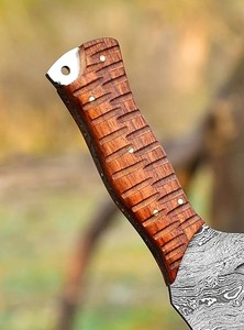 Rastreador de acero de Damasco hecho a mano, cuchillo de hoja fija, cuchillos de supervivencia para caza al aire libre, explorador vertical, Funda de cuero genuino. - Product Image 6