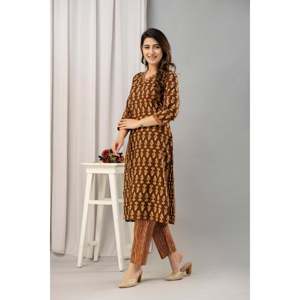 Kurta et pantalon en coton pur marron imprimé pour femme, modèle Banarasi, vêtements ethniques indiens, broderie, sari, choli, salwar pour les festivals - Product Image 5
