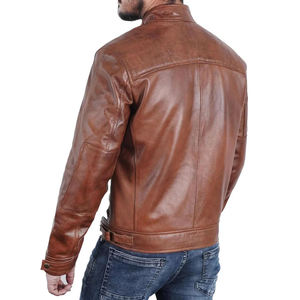 <b>Men's</b> Brown Genuine Cowhide Leather Moto <b>Biker</b> <b>Jacket</b> Stand Collar Zipper Closure Regular Fit Autumn Wear - Product Image 3